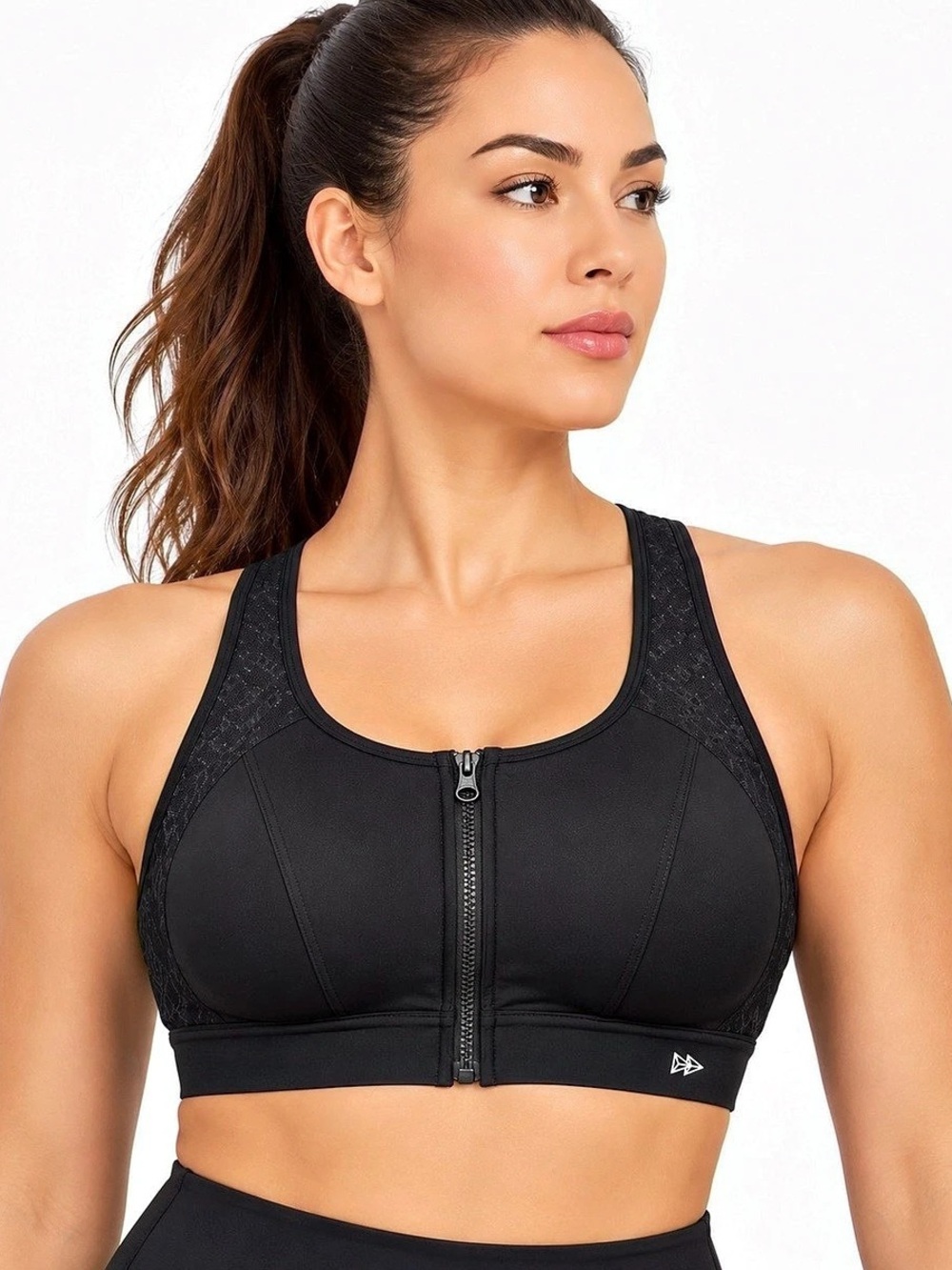 Yvette Power Zip-Front Mesh Racerback Sports Bra Black